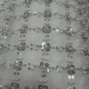 EL10a - Evening Lace of Pearls and Silver Sequin in Criss cross Rows on White 100% Nylon Tulle - 160cm wide - $49.00 per mtr