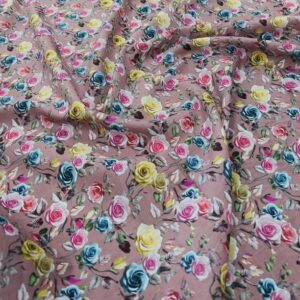 CTV1 - 100% Cotton Voiles - Sweet Digitally Printed Roses in Pink, Aqua, Lemon on Dusky Pink Background - 145cm wide - $18.00 per mtr