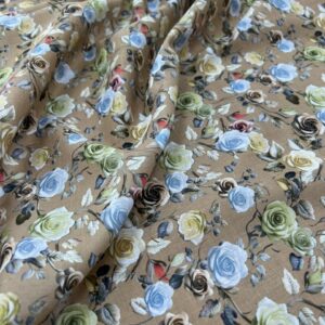CTV3 - 100% Cotton Voiles - Sweet Digitally Printed Roses in Light Blue, Brown, Lime, Rose and Lemon on Tan Background - 145cm wide - $18.00 per mtr