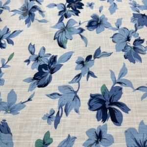 LC30 - Linen Blend - Off White Background with Cornflower Blue Lillies Type Flowers - 55% Linen / 45% Cotton - 150cm wide - $26.00 per mtr
