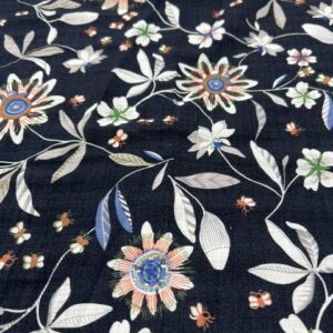 LC31 - Linen Blend  - Whispy Flowers in White, Peach and Corn flower Blue on a Navy Background - 55% Linen / 45% Cotton - 150cm wide - $26.00 per mtr