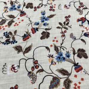 LC32 - Linen Blend  - Whispy Flowers in Orange, Cornflower Blue and Khaki Flowers on Dark Cream Background - 55% Linen / 45% Cotton - 150cm wide - $26.00 per mtr