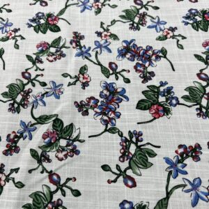 LC34 - Linen Blend - Blossom Flowers and Buds in Cornflower Blue and Rosie Pink on a White Background - 55% Linen / 45% Cotton - 150cm wide - $26.00 per mtr
