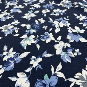 LC38 - Linen Blend - Dark Navy with Navy and Cornflower Lily Flowers with White - 55% Linen / 45% Cotton - 150cm wide - $26.00 per mtr