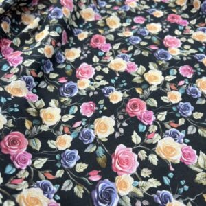 CTV4 - 100% Cotton Voiles - Sweet Digitally Printed Roses in Pink, Apricot, Purple on Black Background - 145cm wide - $18.00 per mtr