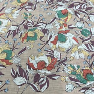 LC41 - Linen Blend - " My Pick" -Pinkie / Tan Background with Bouquets of flowers on Pastel Colours - jade, Lemon, Burnt Orange, egg Plant and off White - 55% Linen / 45% Cotton - 150cm wide - $26.00 per mtr