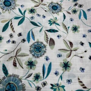 LC42 - Linen Blend - Off White with Aqua Flowers and Brown Green Leaves and sweet bees  - 55% Linen / 45% Cotton - 150cm wide - $26.00 per mtr