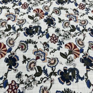 LC43 - Linen Blend - White Background with Khaki, Navy, Peach, Maroon Floating flowers  - 55% Linen / 45% Cotton - 150cm wide - $26.00 per mtr