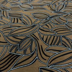 LC45 - Linen Blend - Dark tan with Stitched Black and White Silhouette Leaves - 55% Linen / 45% Cotton - 150cm wide - $26.00 per mtr