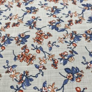 LC47 - Linen Blend -Cornflower Blue Blossom /Apricot  flowers with Buds on Dark Cream- 55% Linen / 45% Cotton - 150cm wide - $26.00 per mtr