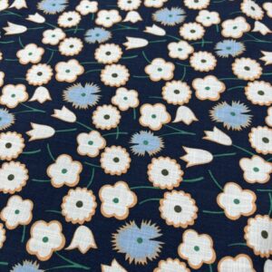 LC48 - Linen Blend - Dark navy with Cornflower and White Straw flowers - 55% Linen / 45% Cotton - 150cm wide - $26.00 per mtr