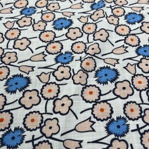 LC49 - Linen Blend - White with Soft Peach and Cornflower Straw Flowers - 55% Linen / 45% Cotton - 150cm wide - $26.00 per mtr