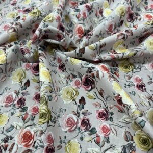 CTV5 - 100% Cotton Voiles - Sweet Digitally Printed Roses in Soft Pink, Rosie Pink and Lemon on Very Light Mauve Background - 145cm wide - $18.00 per mtr