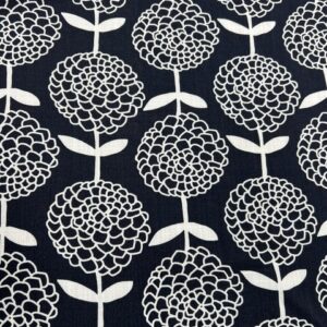 LC50 - Linen Blend - Dark Navy with Silhouette White Pom Pom Flowers - 55% Linen / 45% Cotton - 150cm wide - $26.00 per mtr