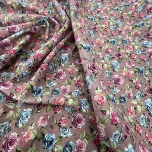 CTV6 - 100% Cotton Voiles - Sweet Digitally Printed Roses in Steel Blue, Dark and Light Pink on Deep Rose Pink Background - 145cm wide - $18.00 per mtr