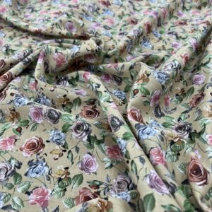 CTV7 - 100% Cotton Voiles - Sweet Digitally Printed Roses in Steel Blue, Pink, Dark Apricot on Light Tan Pink Background - 145cm wide - $18.00 per mtr