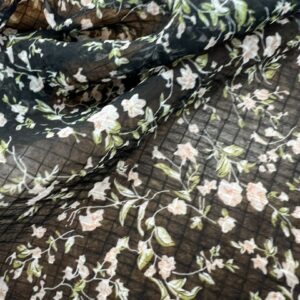 P204 - Crinkled Black Squares with sweet little light Apricot flower clusters - 100% Polyester - 150cm wide - $16.00 per mtr