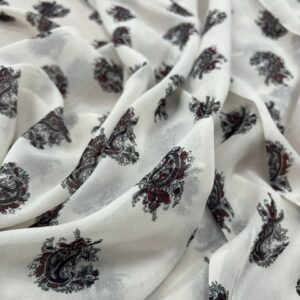 P250 - 100% Polyester - Chiffon -Deep Maroon Paisley Print on a Cream back ground -  150cm wide - $18.00 per mtr