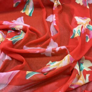 P201 - 100% Polyester -Crinkled Chiffon - Vibrant Orange with Big Colourful Leaves- 150cm wide - $16.00 per mtr