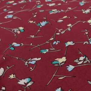 P267 - 100% Polyester  Georgette - Burgundy with small Teal, Lemon and Brown Flowers - 150cm wide - $18.00 per mtr