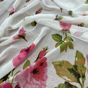 P290 - 100% Polyester -Chiffon - Cream with Border edged large roses - 150cm wide - $12.00 per mtr