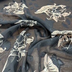 P211 - Black Chiffon with Large Tan Lillies, Silky overlay of Roses - 100% Polyester - Chiffon- 135cm wide - $26.00 per mtr