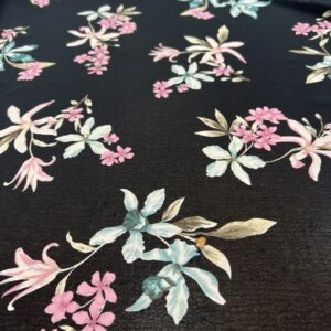 P214 - Black Georgette with Aqua Orchids and Pink flowers -100% Polyester - Georgette - 136cm wide - $18.00 per mt