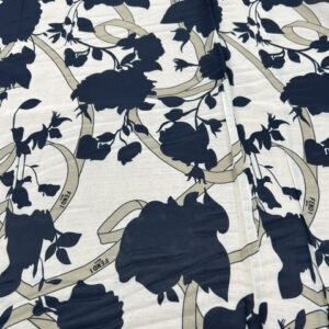 P219 - 100% Polyester - Off White with large Navy Flowers and Sage Green Ribbon- 145cm wide - $16.00 per mtr