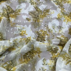 P220 - 100% Polyester - Chiffon - Cream with an embossed overlay with Butter Yellow / Green leaves - Very Striking - 145cm wide - $21.00 per mtr