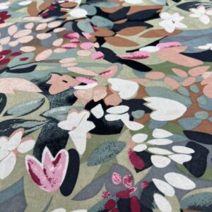 P223 - 100% Polyester - Georgette - Sage Green Background with Multi Coloured Leaves and flowers - 148cm wide - $26.00 per mtr