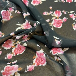 P252 - 100% Polyester - Georgette -Very limited Stock - Black with Pink Roses - 150cm wide - $18.00 per mtr