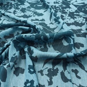 P266 - 100% Polyester -Chiffon - Teal with Lighter Teal Floral Design, with a Pin stripe metallic Silver thread-  145cm wide - $14.00 per mtr