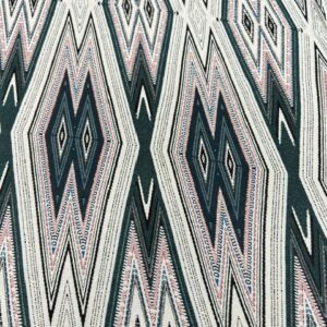P269 - 100% Polyester - Chiffon - Abstract Triangles in Teal, Black, Cream and a Hint of Orange - 145cm wide - $16.00 per mtr
