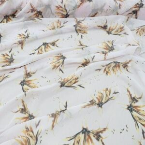 P270 - 100% Polyester - Chiffon - Soft Pink background with floating Tanned flowers- 150cm wide - $16.00 per mtr