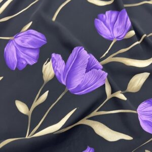 P271 - 100% Polyester - Moss Crepe - Large Purple Tulips on Black - 148cm wide - $22.00 per mtr