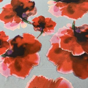 P278 - 100% Polyester -Georgette - Pale Blue Background with Extra Large Rosie Red Flowers - 150cm wide - $26.00 per mtr