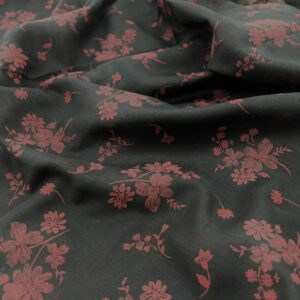 P298 - 100% Polyester - Black with Burgundy Flowers - 150cm wide - $12.00 per Mtr