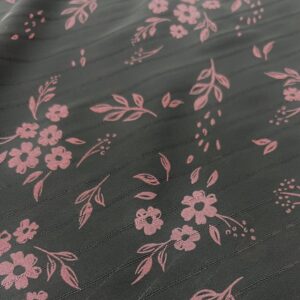P299 - 100% Polyester - Black with Burgundy Daisy Flowers with 1cm pinstripe - 150cm wide - $12.00 per Mtr