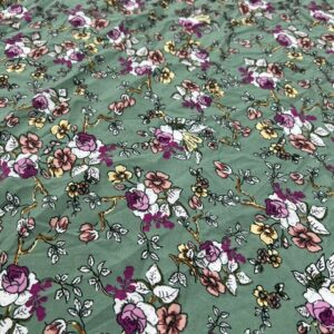 R101 - 100% Rayon - Moss Green with Vibrant Pink / Lemon Clustered Flowers - 150cm wide - $16.00 per mtr