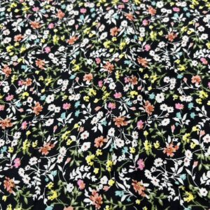 R105 - 100% Rayon - Black with Sweet Small Meadow Flowers in Pinks, White, Aqua and Yellow - 145cm wide - $18.00 per mtr