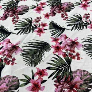 R117 - 100% Rayon - Vibrant Tropical Pink Flowers with Lush Green Fern Leaves on Off White - 145cm wide - $24.00 per mtr