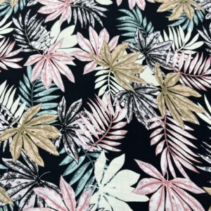 R118 - 100% Rayon - Black with Pastel Pink and Mint Leaves- 145cm wide - $20.00 per mtr