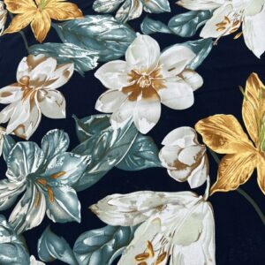 R124 - 100% Rayon - Extra Large Flowers in Mustard, Teal and Off White on Dark Navy Background - "STUNNING"!! - 145cm wide - $26.00 per mtr